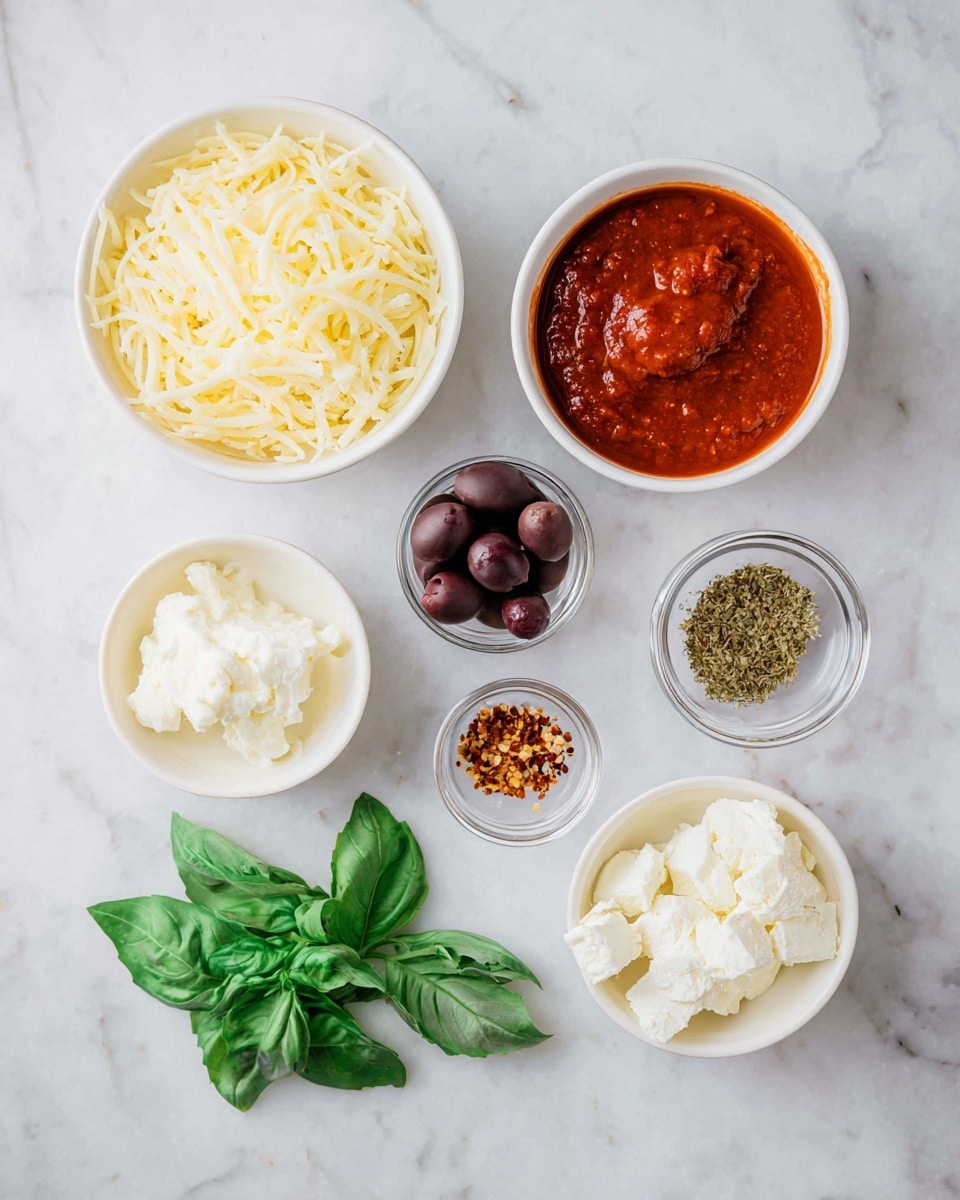 The image shows several small white bowls placed on a white marbled surface. One bowl is filled with shredded pale yellow cheese, another holds a smooth red tomato sauce, and a third contains white cottage cheese with a soft texture. A small white bowl with dark purple sliced olives sits near the center. There are three small glass bowls with different spices: one with light brown granules, one with dried green herbs, and one with red chili flakes. A small bunch of fresh green basil leaves is arranged beside the bowls. The scene is bright and clean. photo taken with an iphone --ar 4:5 --v 7