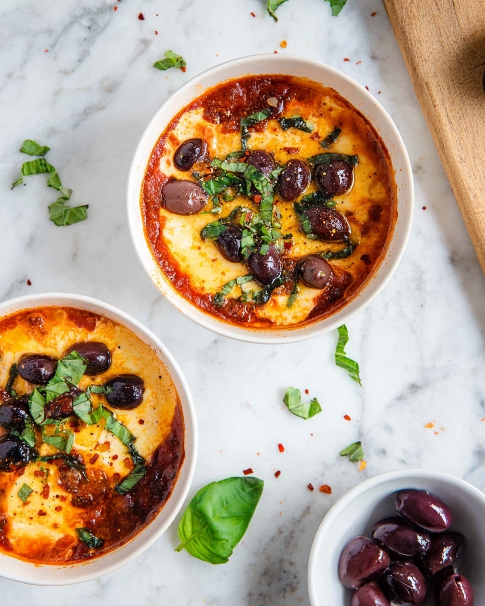 Two white bowls filled with a layered dish start with a rich red tomato sauce base at the bottom, followed by a creamy melted cheese layer that looks soft and smooth. On top of the cheese sit dark purple olive pieces scattered evenly across the surface, adding a shiny and firm texture. Fresh green basil leaves are sprinkled over the dish, some finely chopped and others larger, adding a fresh, leafy look scattered inside and outside the bowls on the white marbled surface around them. Small bits of red chili flakes are visible on the cheese, giving a hint of spice. Near the bowls, whole dark purple olives fill a small white bowl, and a wooden board edge is seen at the top right. Photo taken with an iphone --ar 4:5 --v 7