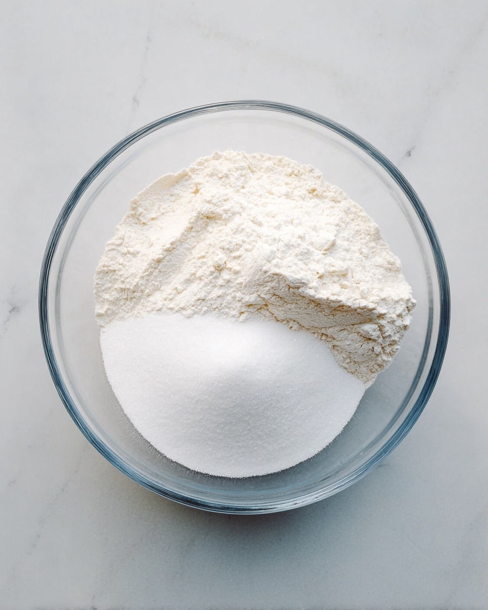 A clear glass bowl holds three dry white powders, each piled next to each other without mixing. The first pile on the left is flour, light off-white with a fine grain texture, the second in the middle is baking powder, pure white, very fine and powdery, and the third pile on the right is white sugar, bright white and granulated. The bowl is placed on a white marbled surface, seen from above with soft, natural light. photo taken with an iphone --ar 4:5 --v 7