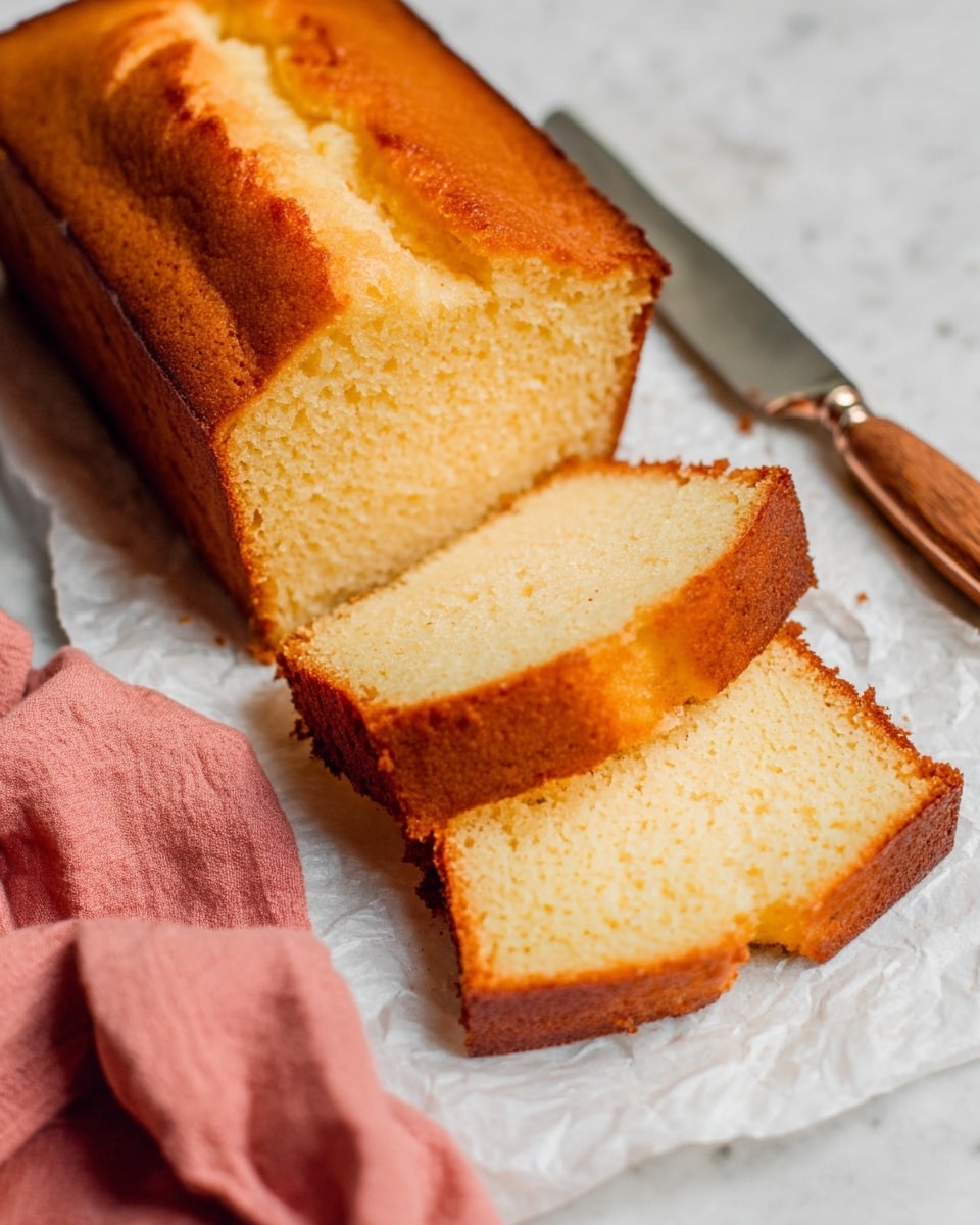A loaf of golden brown pound cake rests on white parchment paper over a white marbled surface, with two thick slices cut from the center showing a soft, light yellow inside with a slightly dense texture. The top crust is darker golden with a gentle crack down the middle. A wooden-handled knife with a shiny silver blade lies next to the slices. Part of a salmon pink cloth is visible in the lower left corner. Photo taken with an iphone --ar 4:5 --v 7