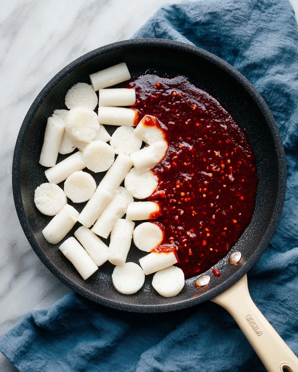 A black pan holds white cylindrical rice cakes spread mostly on the right side, with a thick, dark red sauce speckled with small bits, pooling on the left side under some rice cakes. The pan’s light beige handle extends to the bottom right corner, resting on a crumpled blue cloth over a white marbled surface. The sauce contrasts vividly with the smooth, matte rice cakes and the black pan. photo taken with an iphone --ar 4:5 --v 7