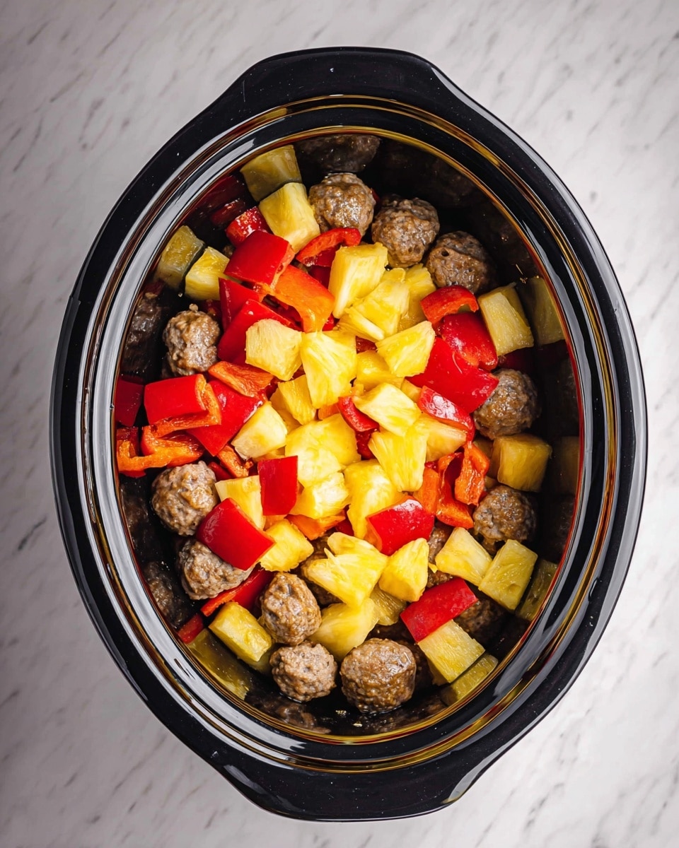 The image shows a black slow cooker filled with three visible layers: the bottom layer consists of small brown meatballs, the middle layer has bright yellow pineapple chunks, and the top layer is made up of red bell pepper pieces. The ingredients are evenly spread, showing a mix of colors and textures inside the cooker. The pot is set on a white marbled surface. photo taken with an iphone --ar 4:5 --v 7