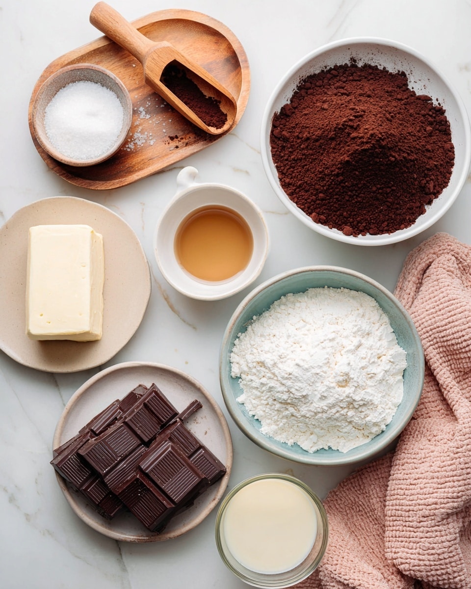 A flat lay of baking ingredients arranged on a white marbled surface includes a white bowl filled with dark brown cocoa powder and a wooden scoop resting inside it on a wooden tray at top left, a small white bowl with light brown liquid to its right, and a wooden spoon with white salt nearby. Below these is a gray bowl packed with white flour. At the bottom left, several pieces of dark brown chocolate bars are placed on a white plate. Additionally, a beige plate with a block of light cream butter is near the top left corner of the frame, and a light pink textured cloth sits on the bottom left. A small glass container with creamy liquid is positioned near the bottom right. The image has bright natural lighting and a clean, minimal look. photo taken with an iphone --ar 4:5 --v 7