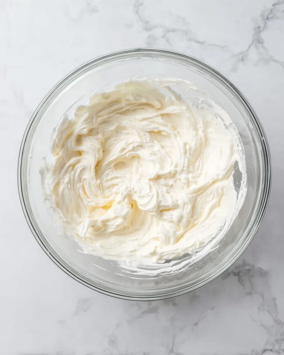 A single clear glass bowl placed on a white marbled surface contains a creamy, thick white mixture with a fluffy texture. The mixture fills about half of the bowl and has swirling patterns on the surface, showing it has been stirred or whipped. Soft shadows highlight the smooth, airy consistency of the mixture. photo taken with an iphone --ar 4:5 --v 7