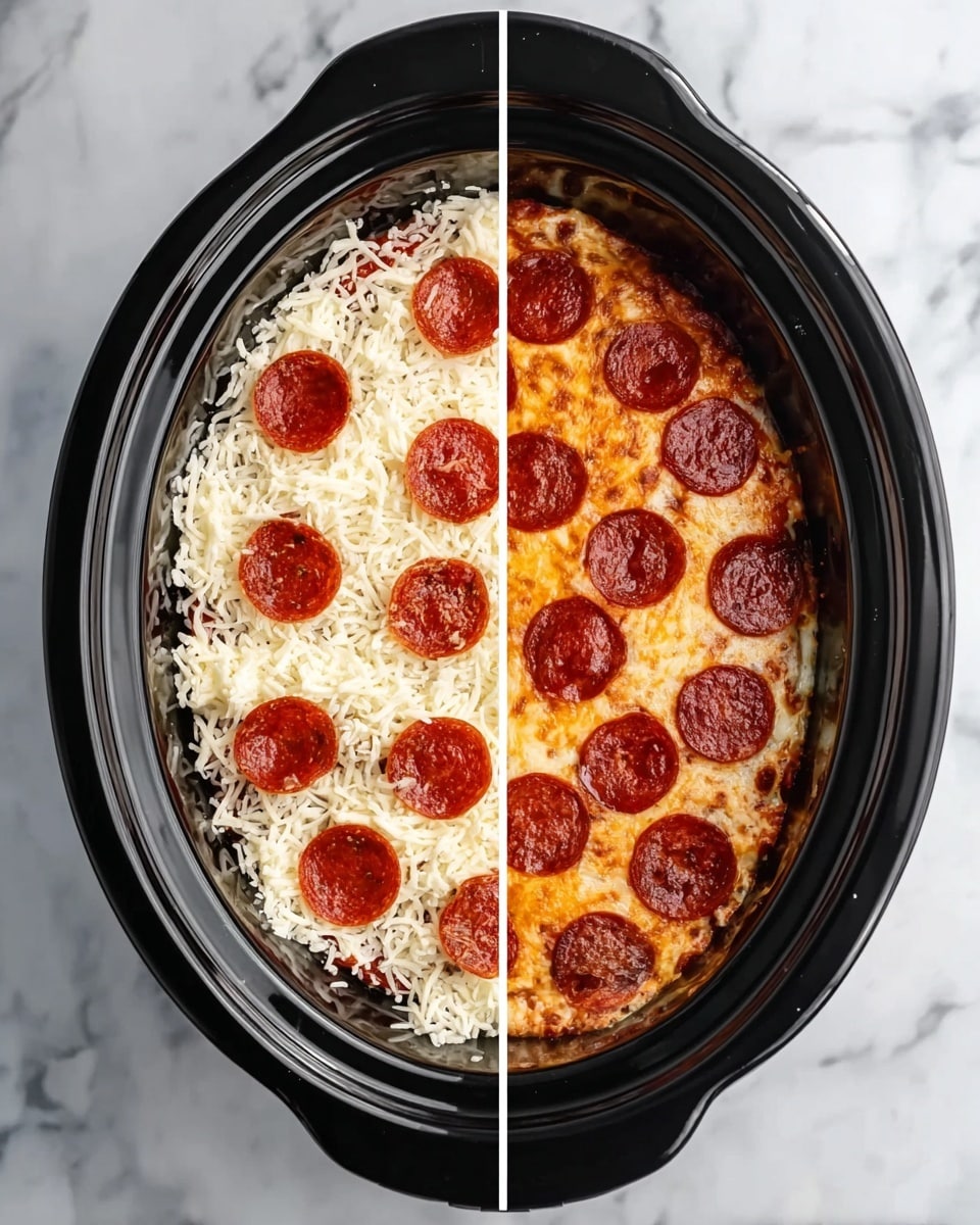 A black oval crockpot is shown from above, placed on a white marbled surface. The crockpot is divided into two halves by a white vertical line. On the left side, there is a layer of uncooked shredded white cheese evenly spread across the bottom, topped with evenly spaced small round slices of pepperoni. On the right side, the same area shows a fully cooked pepperoni pizza-like dish with melted golden-brown cheese layer underneath, and round browned pepperoni slices on top. The texture on the right is bubbly and slightly crisped at the edges, while the left side looks soft and raw. Photo taken with an iphone --ar 4:5 --v 7