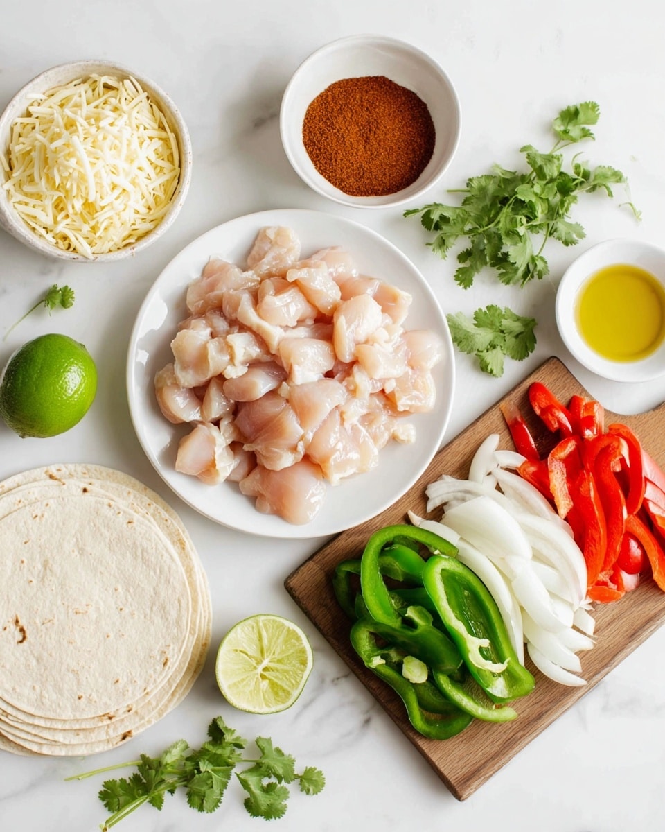 The image shows ingredients for cooking arranged neatly on a white marbled surface. There is a white plate in the center filled with raw pale pink chicken pieces. To the right of the plate, there are green, white, and red sliced bell peppers and onions, laid out in rows on a wooden board. Below them, a half lime is placed next to a stack of white tortillas. On the top left, there is a white bowl filled with shredded pale yellow cheese. Below the bowl, there is a small white dish with golden yellow oil and another small white dish with reddish-brown chili powder. Some sprigs of green cilantro are scattered around the ingredients. Photo taken with an iphone --ar 4:5 --v 7