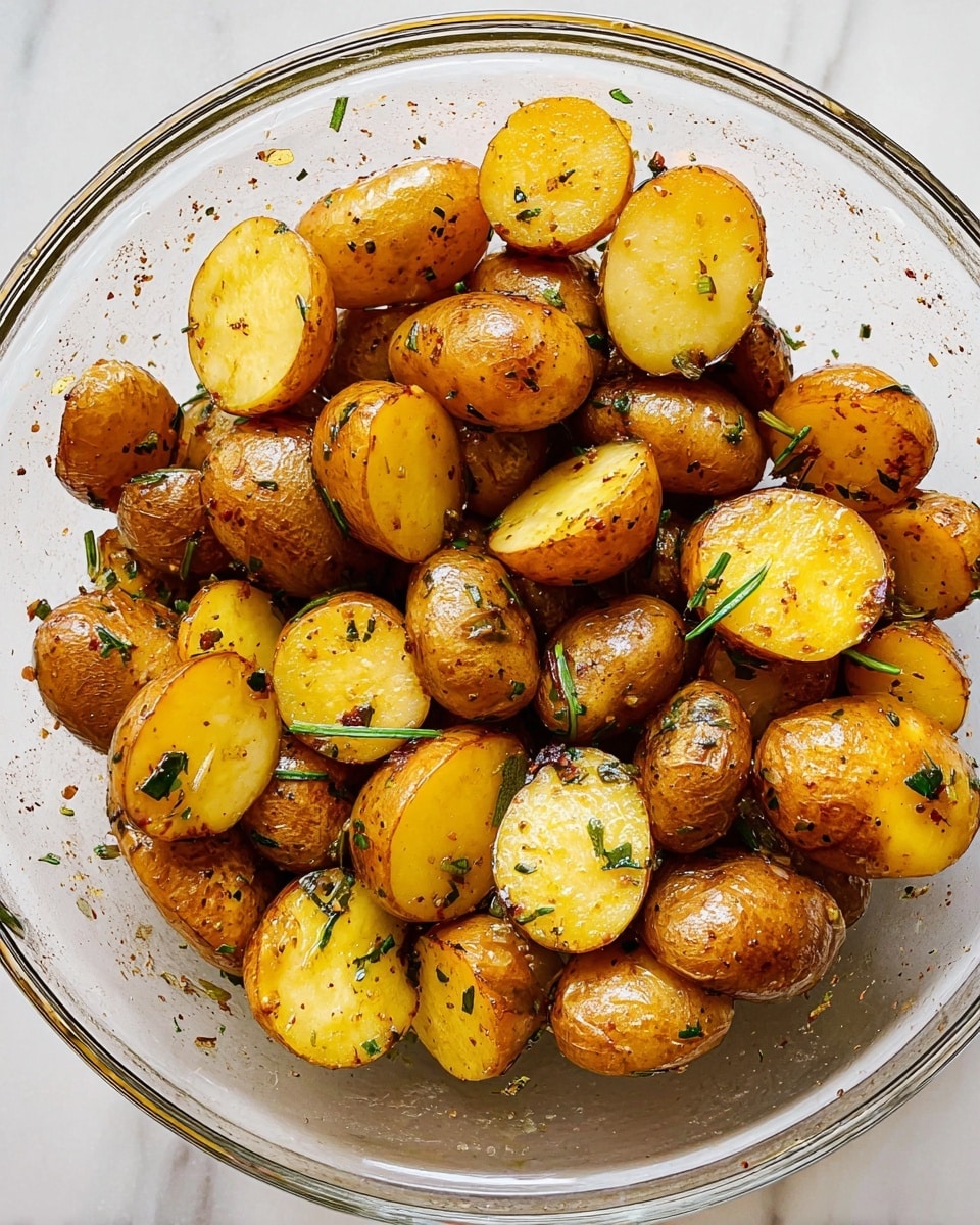 The image shows a glass bowl filled with many small round and oval potatoes, mostly halved. The potatoes have a light brown and golden yellow color with a shiny, slightly oily texture, and they are sprinkled with small green herb pieces. The seasoning gives the potatoes a speckled look with dark and light spots. The bowl is set on a white marbled surface. Photo taken with an iphone --ar 4:5 --v 7
