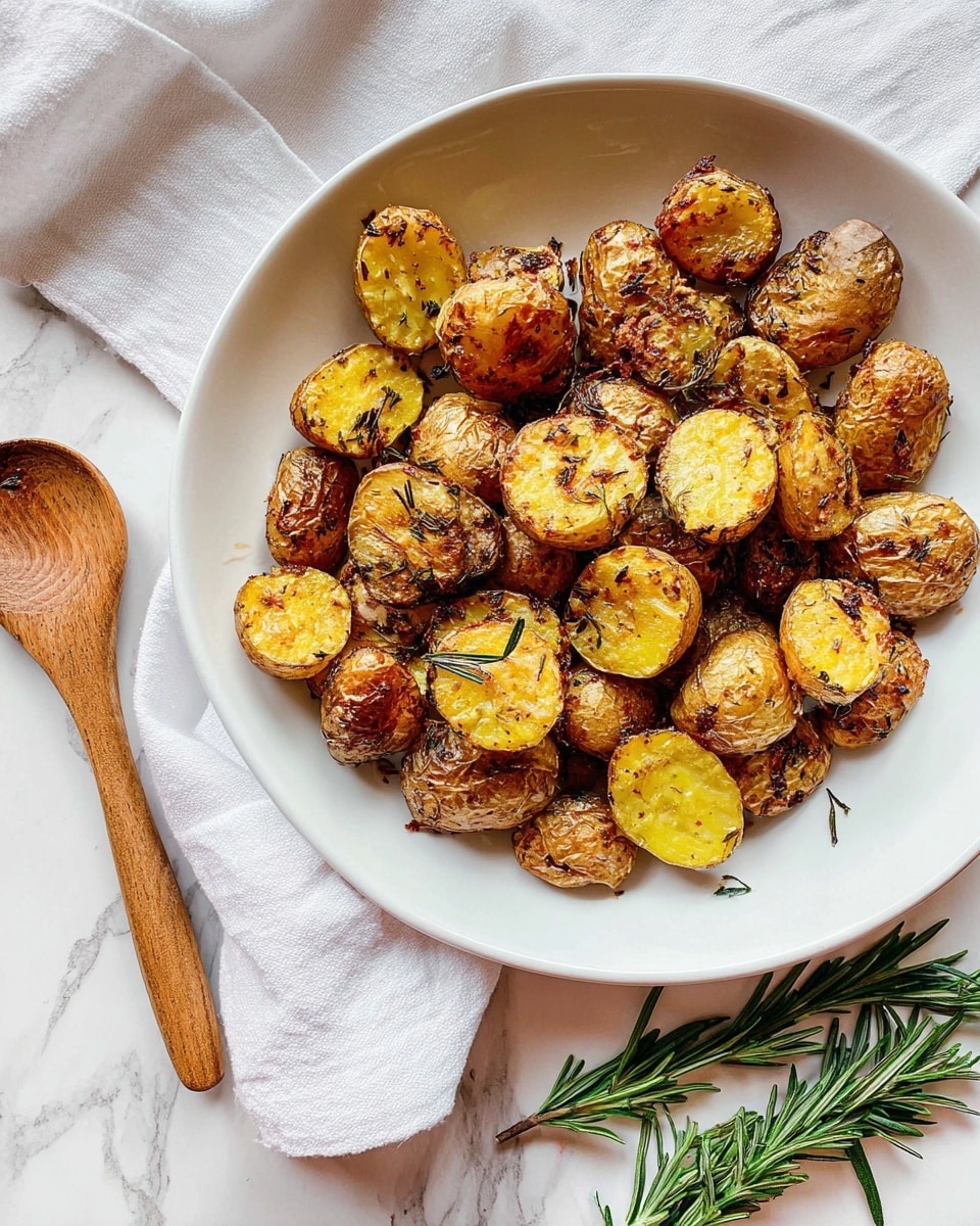 A white plate filled with roasted baby potatoes, some whole and some sliced in half, showing a golden-yellow inside with a crispy, brown, and herb-spiced outside. The potatoes have visible dark flecks of herbs like rosemary. The plate sits on a white marbled surface with a white cloth napkin beside it. Nearby, a wooden spoon and fresh green rosemary sprigs lay on the surface. photo taken with an iphone --ar 4:5 --v 7