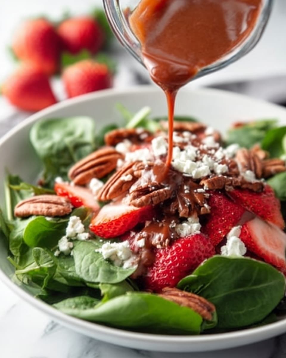The image shows a white bowl filled with fresh green spinach leaves as the base layer. On top are sliced red strawberries and whole pecans, creating a mix of red and brown colors. Crumbled white cheese is sprinkled over the fruit and nuts, adding texture and contrast. A woman’s hand pours a thick dark reddish-brown dressing over the salad from above. The bowl sits on a white marbled surface with soft natural light. Photo taken with an iphone --ar 4:5 --v 7