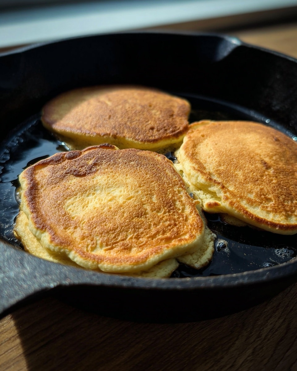 Three golden brown pancakes with a slightly uneven, soft texture cook in a black cast iron pan. The pancakes have a light crust on top, with one pancake showing a small bite taken out, revealing a fluffy inside. The pan sits on a wooden surface near a window, and soft sunlight shines onto the pancakes, highlighting their warm color and the slight bubbles on their surface. photo taken with an iphone --ar 4:5 --v 7