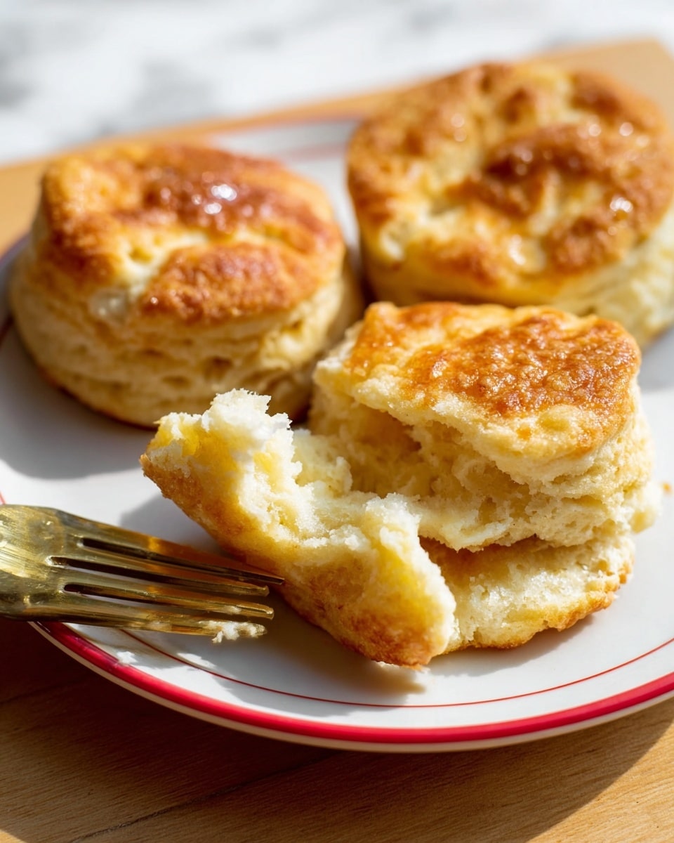 The image shows three golden brown biscuits on a white plate with a thin red rim, placed on a wooden surface with white marbled texture in the background. Each biscuit has a rough, crispy outside with slightly uneven edges and a soft, fluffy inside. One biscuit is broken open, showing its light, airy texture. A gold-colored fork holds a small piece of biscuit in the front of the plate, highlighting the tender crumb inside. Warm sunlight brightens the whole scene, casting soft shadows around the biscuits photo taken with an iphone --ar 4:5 --v 7