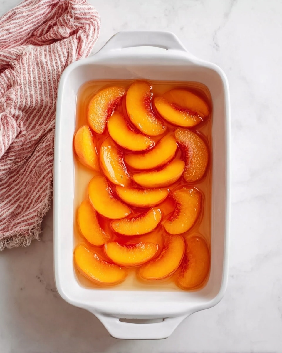 A white rectangular baking dish filled with a single layer of bright orange peach slices arranged evenly inside a clear syrupy liquid. The dish is placed on a white marbled surface next to a striped pink and white cloth. Photo taken with an iphone --ar 4:5 --v 7