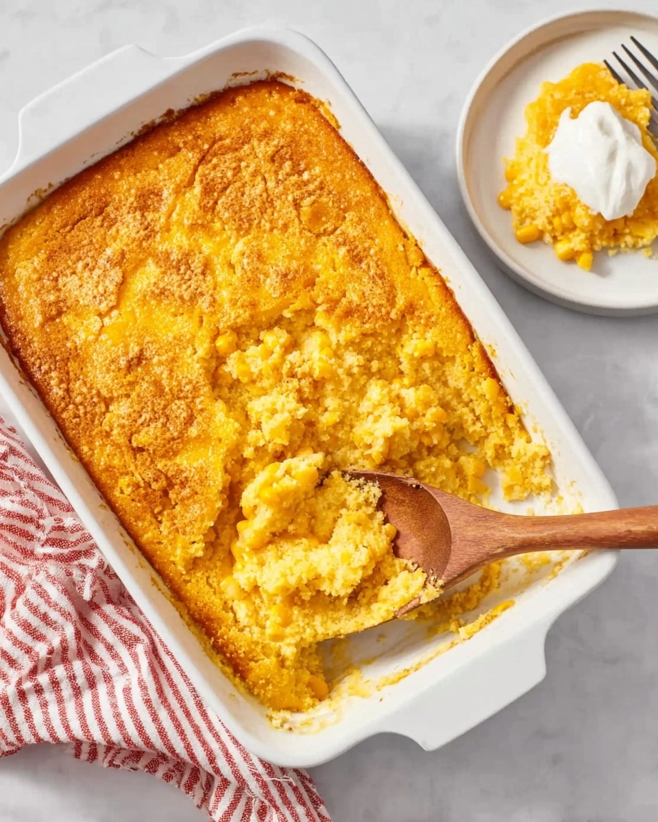 The image shows a white rectangular baking dish filled with a baked corn casserole that has a golden brown, slightly crumbly top layer. The casserole is thick and creamy beneath the crust, with a bright yellow color suggesting cooked corn. A wooden spoon is scooping out a portion from the bottom left side, revealing the smooth, dense texture inside. To the right, on a white plate, there is a serving of the casserole topped with a dollop of white cream. A striped red and white cloth is placed on the left side of the dish, all set on a white marbled surface. Photo taken with an iphone --ar 4:5 --v 7