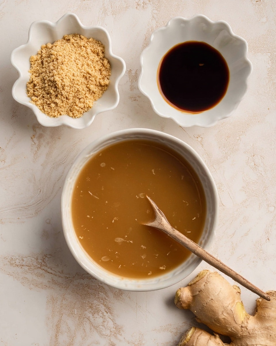 A white bowl filled with a light brown, smooth broth with tiny bits mixed in, holding a light brown spoon resting inside the bowl. Above the bowl, there is a small white scalloped dish filled with light tan crumbly powder. To the left, a white scalloped bowl contains a dark liquid. Two pieces of unpeeled ginger root lie on the white marbled surface in the lower right. The setting is calm and clean with soft lighting photo taken with an iphone --ar 4:5 --v 7
