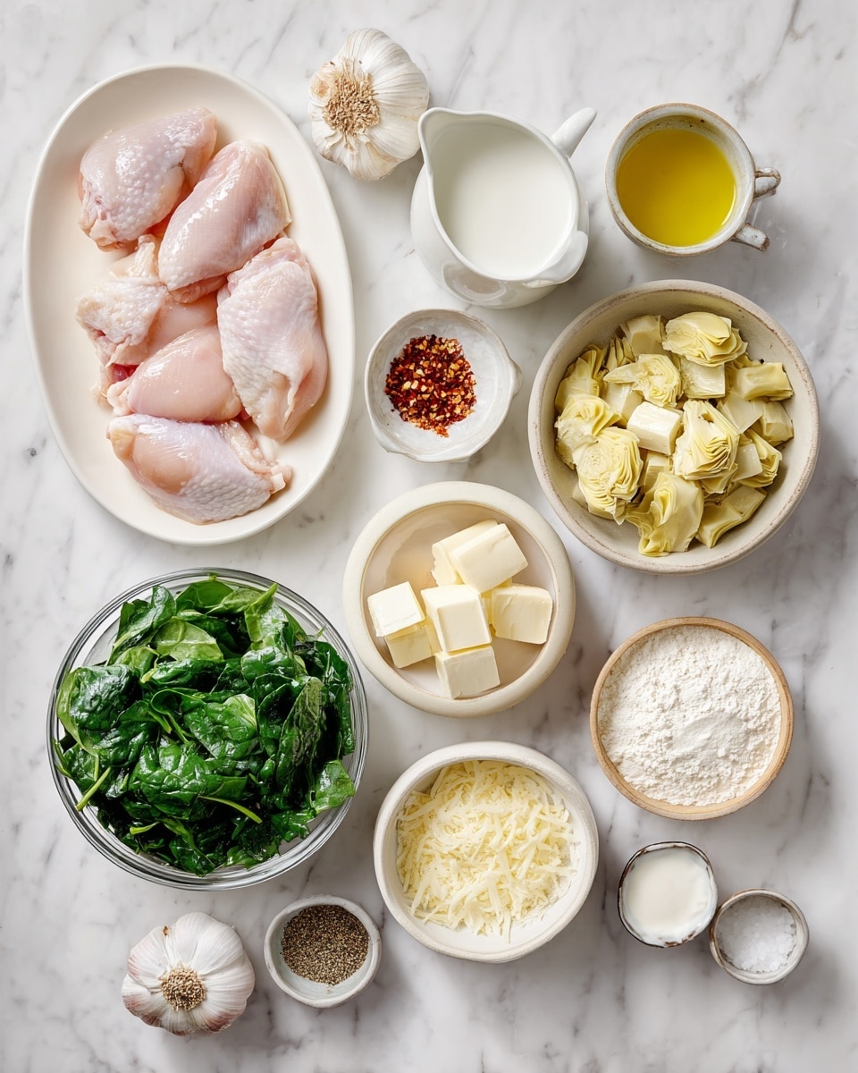 A top view of various ingredients placed separately on a white marbled surface: three raw chicken pieces with pale pink color on a small white oval plate at bottom left, a clear glass bowl filled with bright green chopped spinach on bottom right, a white bowl filled with light yellow chopped artichokes at mid-right, a small beige bowl with white cubed cheese above the chicken, a small beige bowl with reddish chili flakes to the right of the cheese, a white small pitcher with creamy white milk at top center, a small beige bowl with white flour at top right, a small beige bowl with off-white butter at top left, a white small bowl with golden olive oil below the butter, a small white bowl with finely grated pale yellow parmesan cheese near the center, a white small bowl filled with creamy white yogurt near the milk, two garlic cloves placed near the chicken on the left, and a small white rectangular plate with ground black pepper and salt near the bottom left; all arranged neatly. Photo taken with an iphone --ar 4:5 --v 7