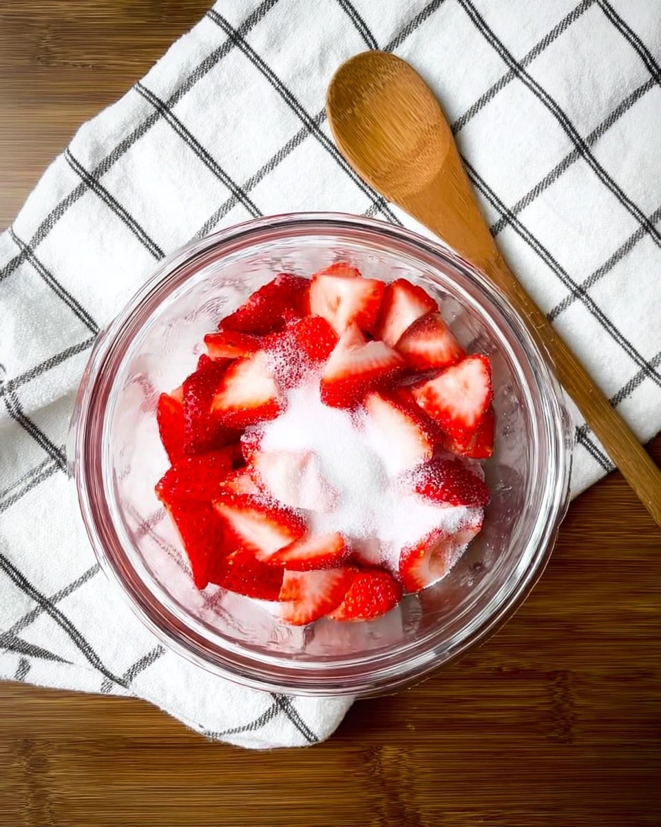 A clear glass bowl is placed on a white marbled surface, filled with slices of bright red strawberries topped with a layer of white granulated sugar. Next to the bowl is a wooden spoon resting on the surface, and a white cloth with black checkered lines is partly under the bowl, adding texture to the scene. The photo is taken from above, showing the vibrant contrast between the strawberries, sugar, and neutral surroundings. photo taken with an iphone --ar 4:5 --v 7