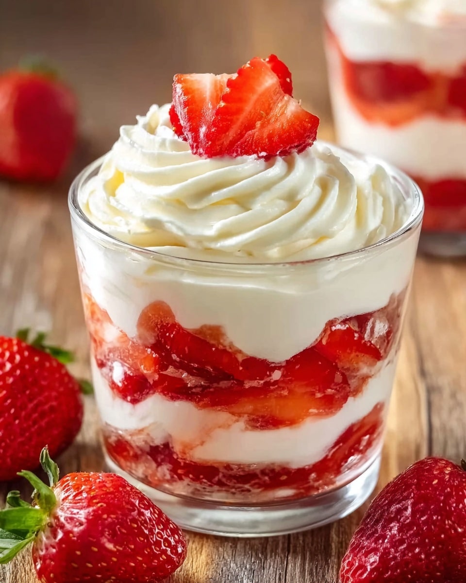 A transparent glass shows three main layers: at the bottom, red strawberry pieces create a base; in the middle, thick white cream fills the space; above that, slices of fresh strawberries are partially covered by more white cream that is swirled on top. A whole strawberry, sliced partially to fan out, sits as a bright red decoration in the center of the cream on top. The glass is placed on a wooden surface with whole strawberries nearby. photo taken with an iphone --ar 4:5 --v 7