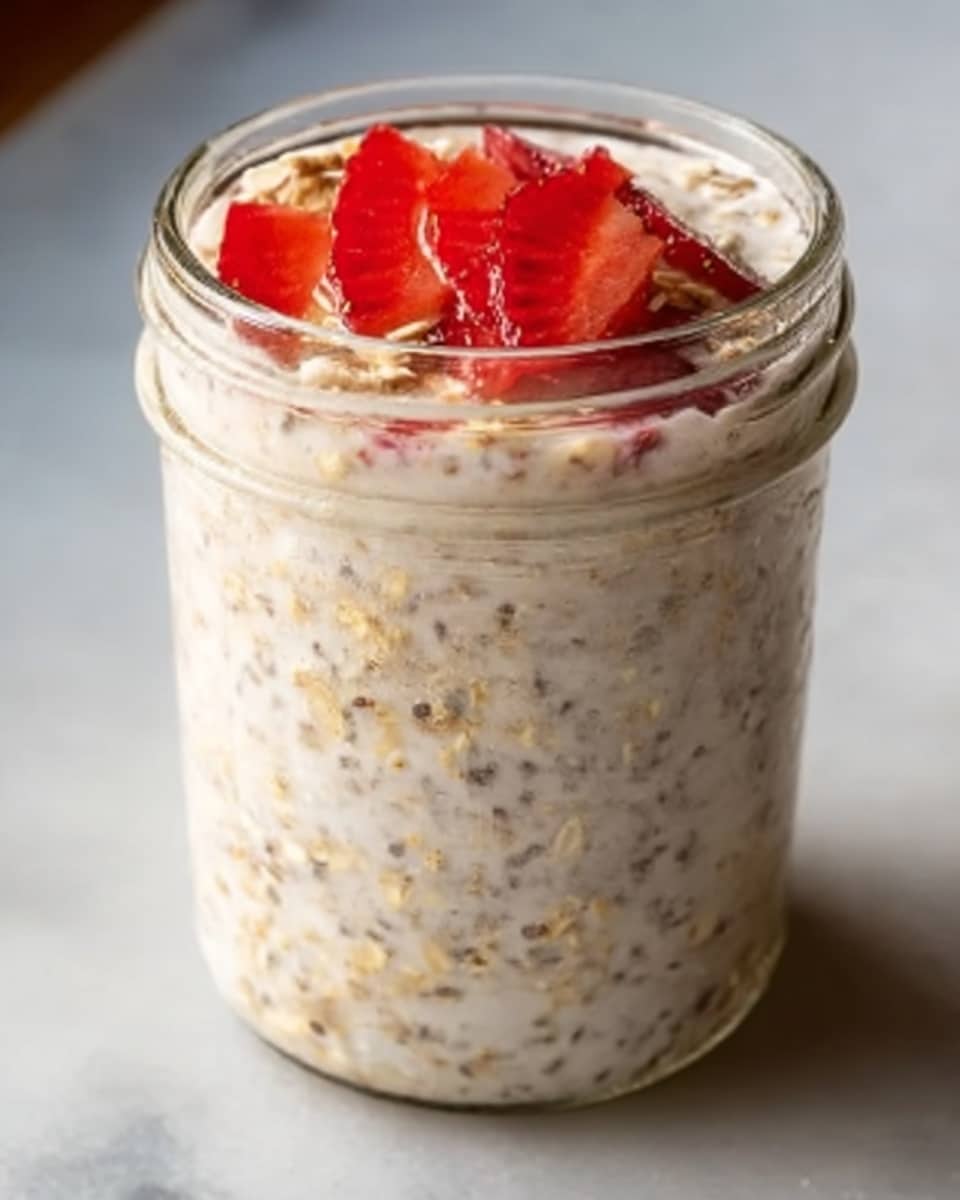 A clear glass jar filled with creamy, light beige overnight oats mixed with small dark seeds and oat pieces, topped with thin red strawberry slices arranged on one side, all set on a white marbled surface. The texture looks smooth with specks of oats and seeds throughout. Photo taken with an iphone --ar 4:5 --v 7