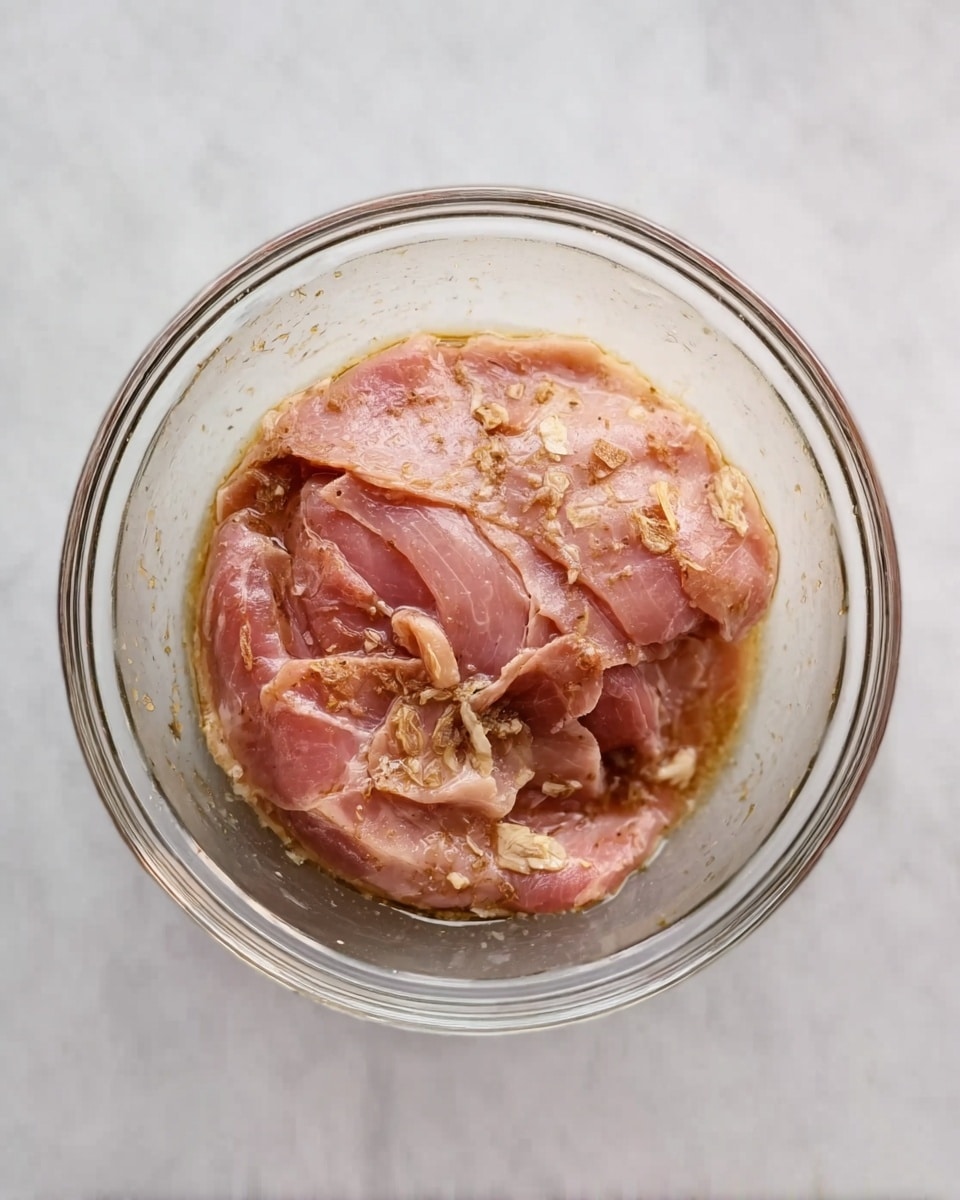 A clear glass bowl with thin slices of raw meat inside, the meat is light pink and has some light brown marinade coating it unevenly. The bowl is placed on a white marbled surface. The meat looks soft and slightly wet from the marinade, with some small bits visible on top. Photo taken with an iphone --ar 4:5 --v 7