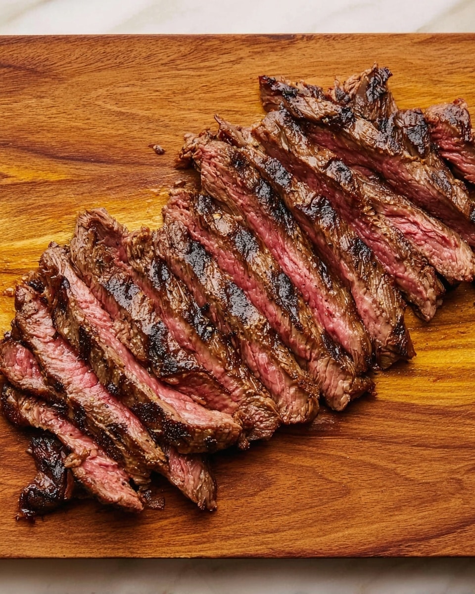 A wooden board on a white marbled surface holds a large piece of sliced grilled steak. The steak is cut into about twelve thin strips, showing a brown, slightly charred crust on the outside and a pinkish-red center. The texture looks tender with visible grill marks and grill sear lines. The slices are arranged close together in a slightly fanned pattern. Photo taken with an iphone --ar 4:5 --v 7