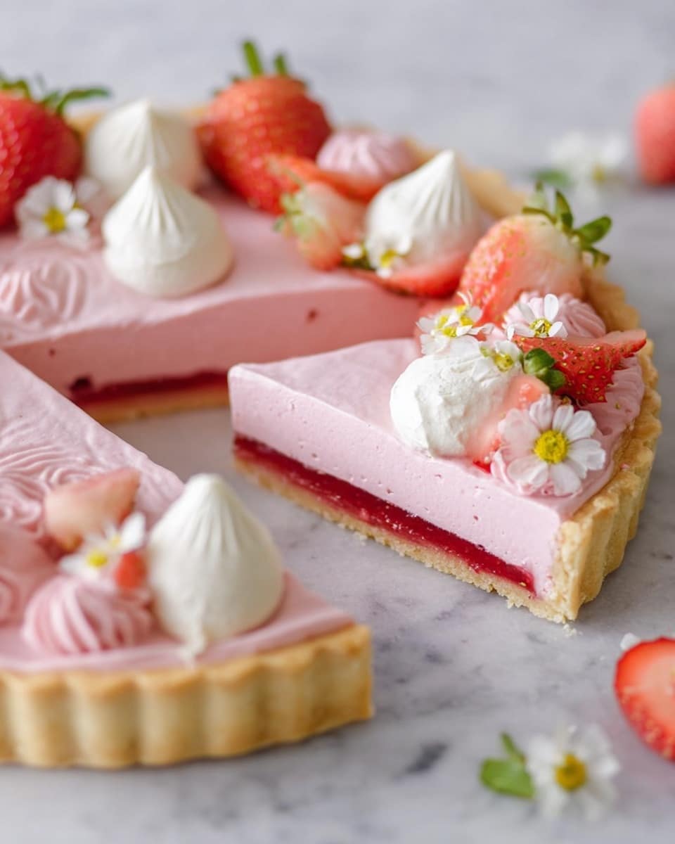 A round tart with three visible layers sits on a white marbled surface: the bottom layer is a light golden crust with a slightly crisp texture, the middle layer is a thin, glossy red filling, and the top layer is thick, light pink creamy mousse spread smoothly with gentle swirls. The tart is topped with white dollops of meringue shaped like small peaks and fresh strawberries in shades of red and pale pink with green leaves, along with small white edible flowers with yellow centers scattered on top. One slice is removed and placed in the foreground slightly blurred, showing the layers clearly. Photo taken with an iphone --ar 4:5 --v 7