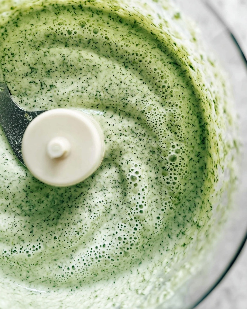 A close-up view inside a clear food processor bowl shows a thick, creamy green sauce with tiny darker green herb specks spread evenly. The sauce covers the white plastic blade, with bubbles and a smooth texture. The background is a white marbled texture. photo taken with an iphone --ar 4:5 --v 7