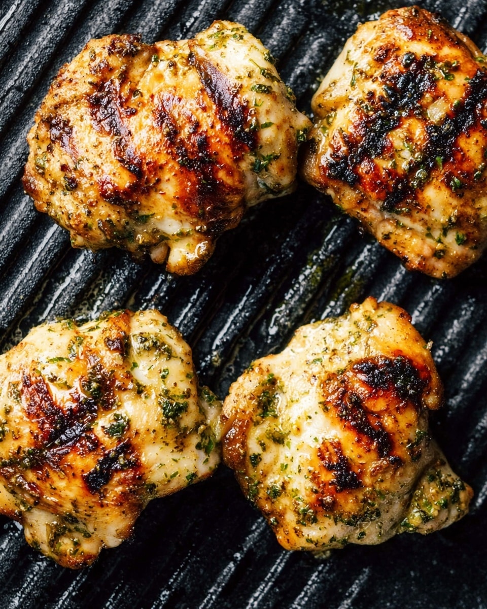Four pieces of grilled chicken thighs are shown close up on a black grill pan with visible grill lines. Each piece has a golden brown color with darker char marks and a sprinkle of green herbs all over the surface. The texture looks slightly crispy but juicy, with some shiny oil spots from cooking. The background is a white marbled texture. photo taken with an iphone --ar 4:5 --v 7