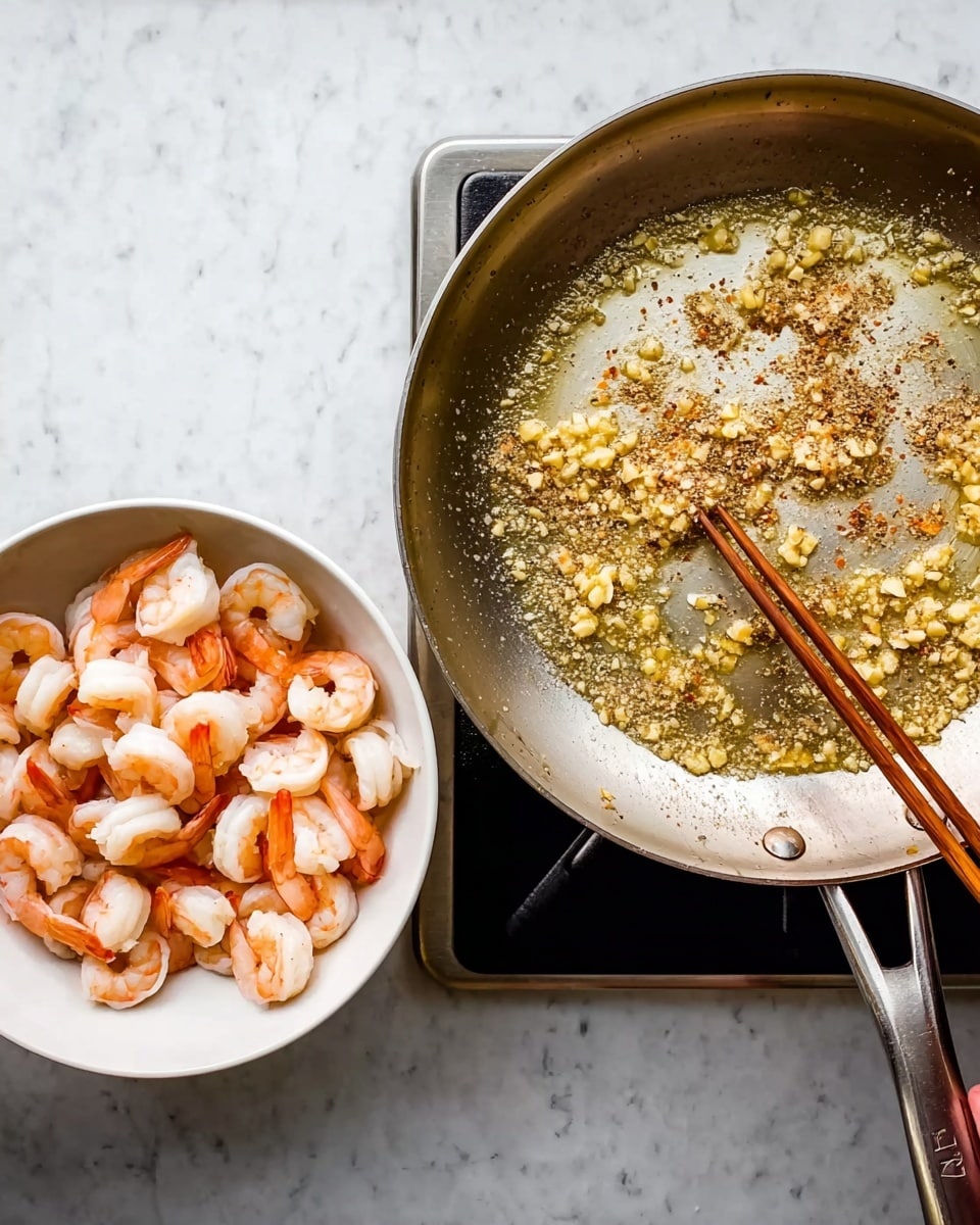 A silver frying pan on a stove with bubbling butter mixed with small light brown garlic pieces and dark small spices, stirred by a pair of wooden chopsticks held by a woman's hand. Next to the pan, a white bowl filled with cooked pink and white shrimp sits on a white marbled surface. The shrimp pieces have a soft, slightly shiny texture showing they are freshly cooked. Photo taken with an iphone --ar 4:5 --v 7