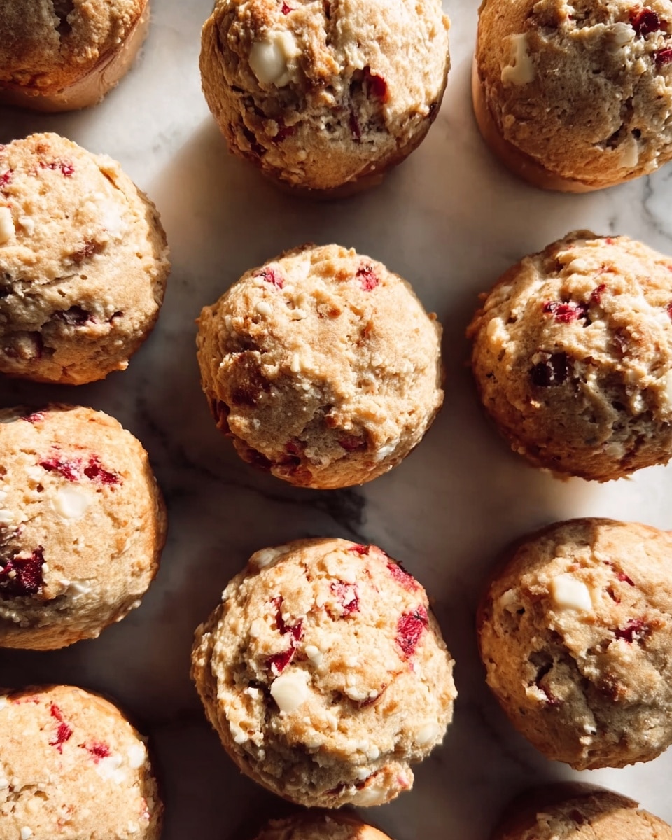 The image shows 11 round muffins arranged closely together on a white marbled surface. Each muffin is light brown with a rough texture and has visible chunks of white and dark red pieces mixed throughout the muffin dough. The muffins are in a single layer, filling the frame with a warm, soft, crumbly appearance under bright natural light. The photo taken with an iphone --ar 4:5 --v 7
