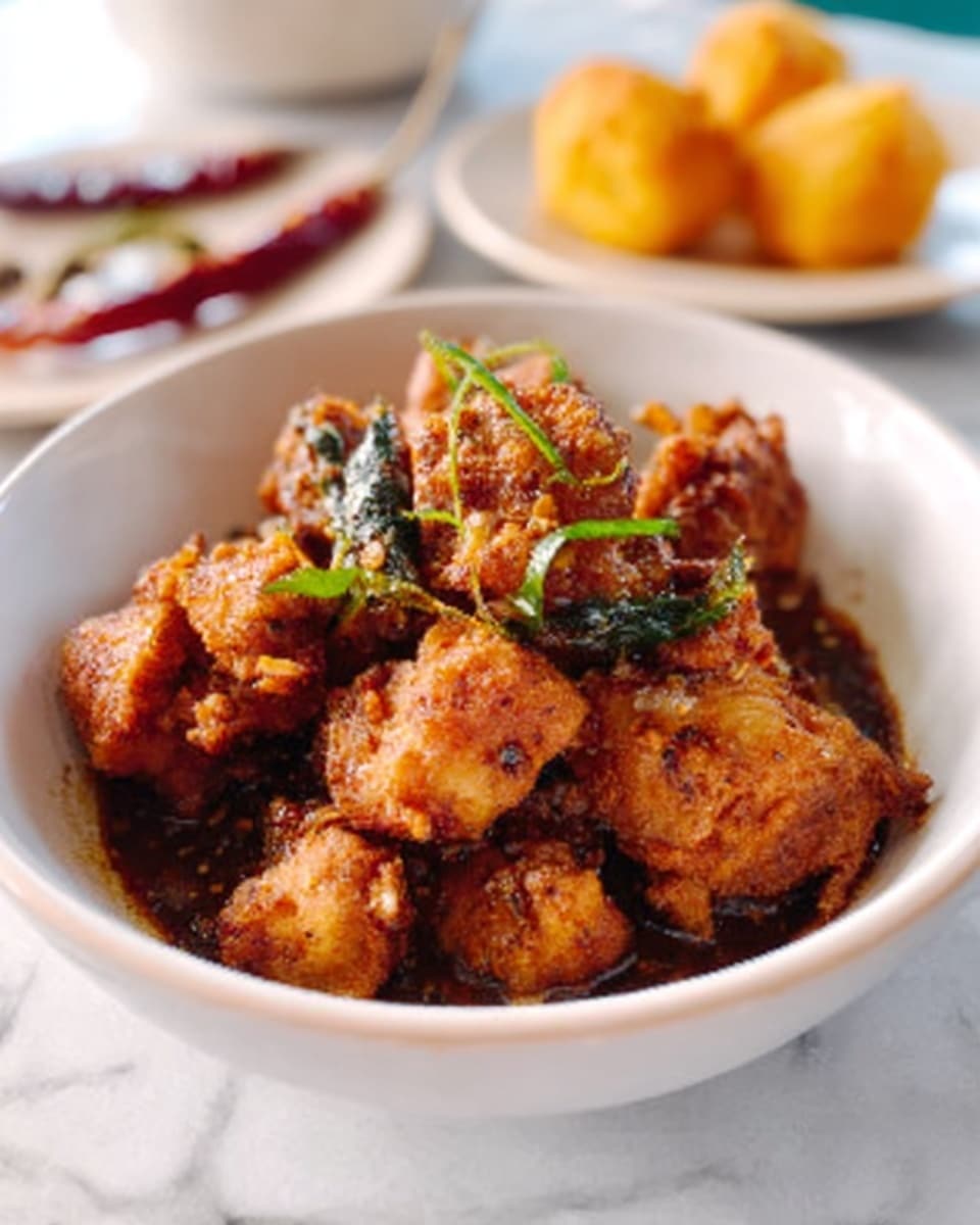 The image shows a white bowl filled with chunks of golden brown fried chicken pieces that look crispy and slightly rough in texture, topped with thin green herb slices. The chicken sits in a dark brown sauce with visible small bits, giving the dish a rich and hearty appearance. The bowl is placed on a white marbled surface with a dried red chili and some seeds nearby, with a blurred background featuring two round yellow-orange snacks on a white plate. The lighting highlights the warm colors of the food, creating a fresh and inviting look. Photo taken with an iphone --ar 4:5 --v 7