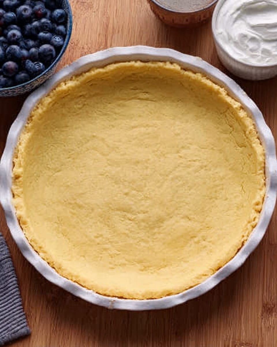 The image shows a white round pie dish filled with an even layer of uncooked yellow pie dough pressed into the bottom and sides of the dish. The dough has a smooth texture with a few small cracks and a slight golden tint. The dish is placed on a wooden surface with bowls of white cream and fresh blueberries nearby. The edges of the dough are carefully pressed against the sides of the pie dish, making a clean crust border. The photo taken with an iphone --ar 4:5 --v 7