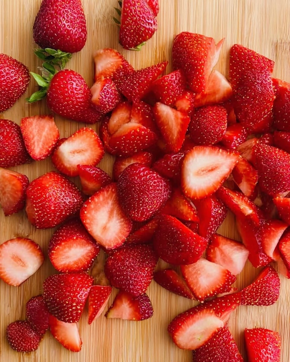 The image shows a wooden board filled with whole and sliced strawberries. The strawberries are bright red with visible seeds, and the sliced parts reveal juicy, light red inside layers. The fruits are scattered randomly across the board, showing different shapes and sizes. The top left corner has a few strawberry leaves. The board has a light wood texture. photo taken with an iphone --ar 4:5 --v 7