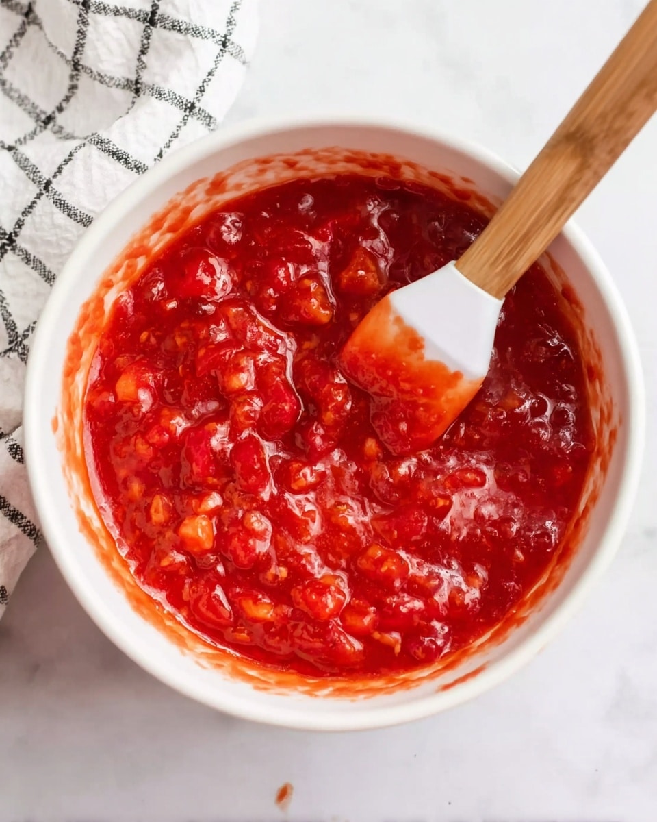 A white bowl filled with bright red sauce that has a chunky texture, with pieces of fruit mixed in. A wooden spatula with a white silicone tip is resting inside the bowl, partially covered in the sauce. The bowl sits on a white marbled surface with part of a white and black checkered cloth visible beside it. The lighting highlights the glossy and slightly thick texture of the sauce, making it look fresh and vibrant photo taken with an iphone --ar 4:5 --v 7