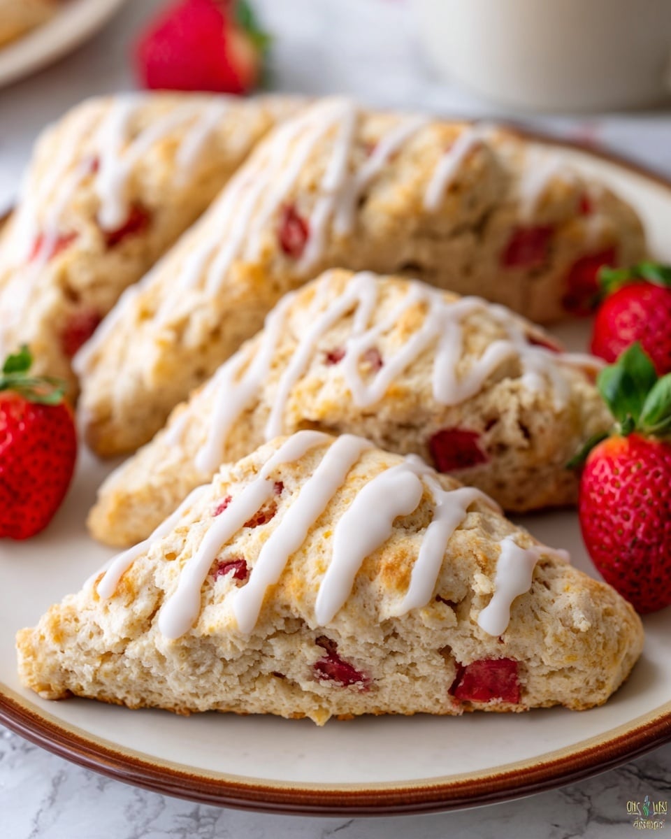 The image shows three triangular strawberry scones on a white plate with a delicate edge pattern, placed on a white marbled surface. Each scone has a light golden-brown crust with pieces of bright red strawberry visible throughout the dough. A white icing drizzle is spread unevenly across the top of each scone, adding a glossy texture. In the blurred background, there is a bright red strawberry and a white cloth napkin, enhancing the fresh and soft look of the scene. photo taken with an iphone --ar 4:5 --v 7