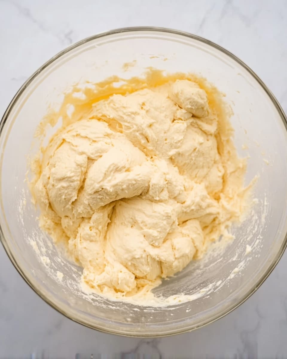 A clear glass bowl filled with pale yellow dough that looks soft and a little sticky, with some air bubbles on the surface. The dough has a slightly rough texture with small lumps and folds showing it has been mixed but not smoothed out. The bowl sits on a white marbled surface, and the lighting highlights the creamy color and texture of the dough. Photo taken with an iphone --ar 4:5 --v 7
