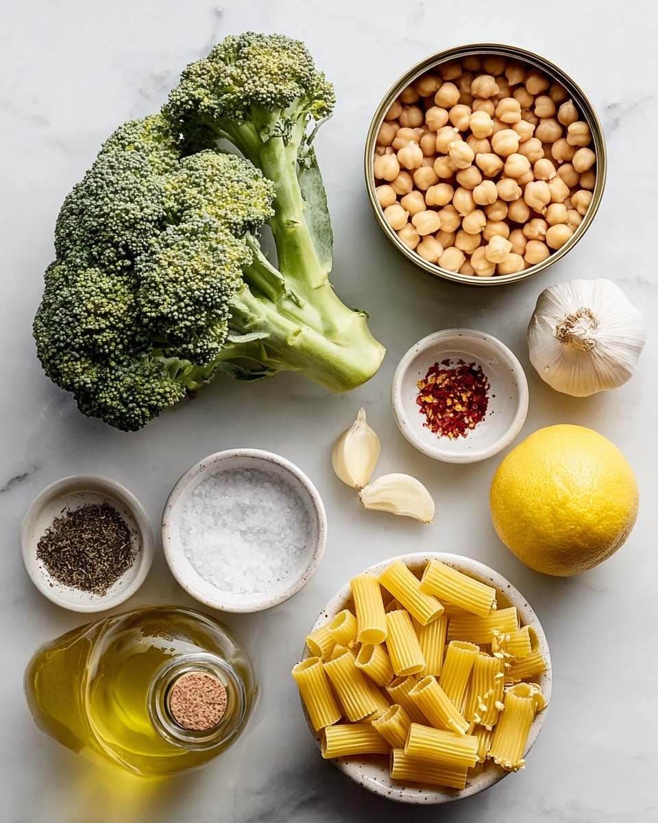The image shows an arrangement of fresh ingredients on a white marbled surface. Starting from the top left, there is a large, green broccoli with a thick stalk and a rich texture of florets. To its right is an open can filled with round, light beige chickpeas. Next to the chickpeas, on the far right, is a small pile of short, yellow rigatoni pasta with visible ridges. Below the broccoli sits a bright yellow lemon with a textured peel. Near the lemon is a small, round white bowl filled with coarse salt. To the right of the salt, another small white bowl contains red chili flakes. Above the chili flakes is a group of peeled garlic cloves with a smooth surface, varying slightly in size. Beside the garlic is a clear glass bottle filled with golden olive oil, corked at the top. Lastly, to the far right near the bottle is a white small bowl with ground black pepper. The ingredients are neatly spaced, creating a clean and colorful composition. Photo taken with an iphone --ar 4:5 --v 7