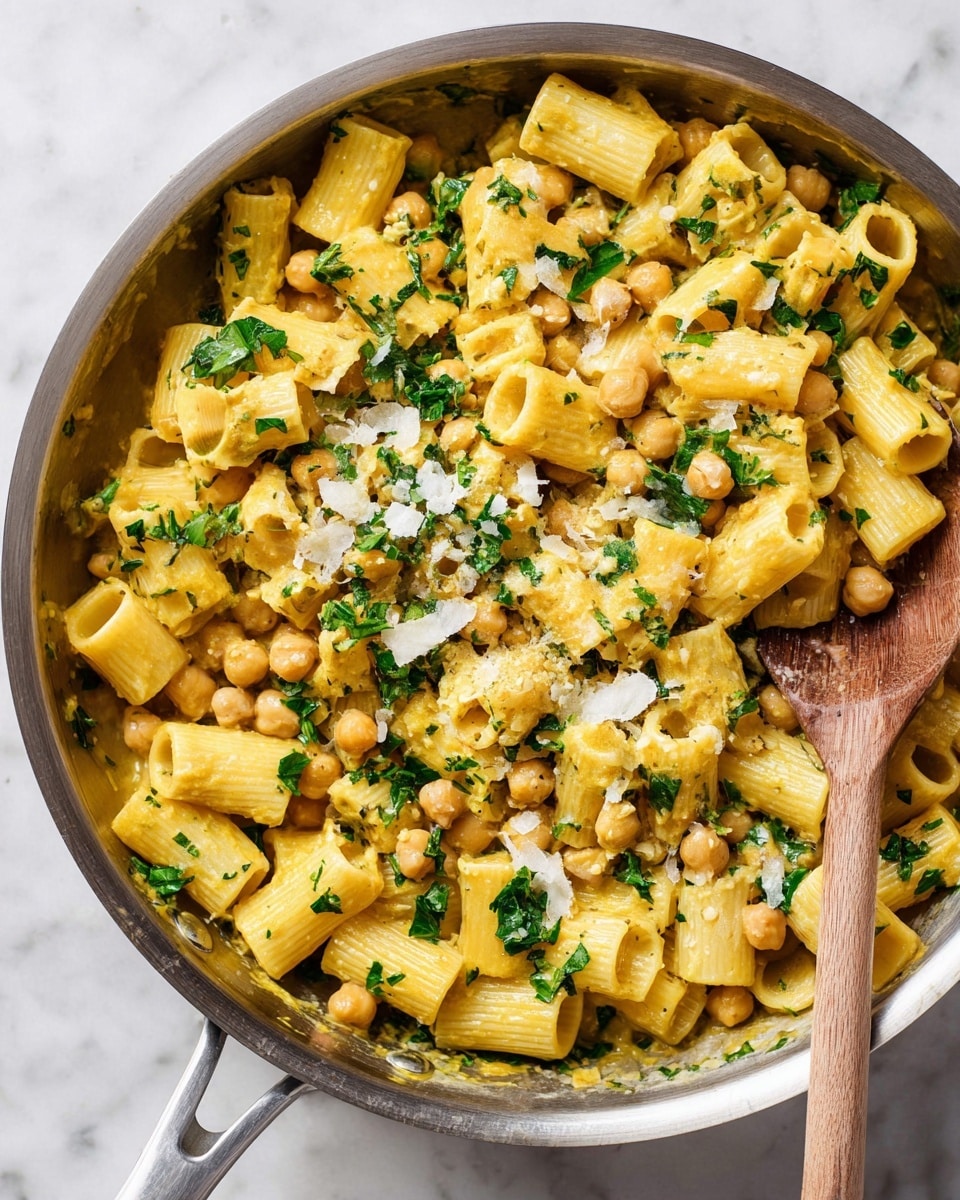 The image shows a close-up of short tube pasta with a creamy yellow sauce mixed with small round chickpeas and scattered chopped green parsley leaves on top. The pasta pieces are evenly coated with the sauce, and tiny bits of grated white cheese are sprinkled throughout. There is a wooden spoon resting on the right side of the stainless steel pan, lifting some pasta pieces. The pan is placed on a white marbled surface. photo taken with an iphone --ar 4:5 --v 7