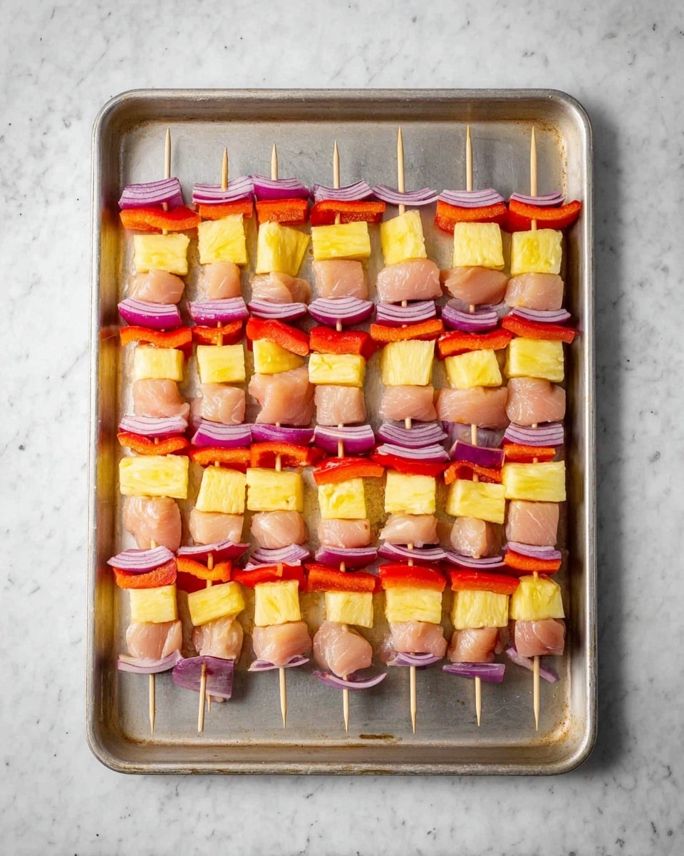 The image shows a metal baking tray filled with ten wooden skewers arranged side by side. Each skewer has five layers of ingredients, starting with a piece of yellow pineapple at the top, followed by a chunk of light pink raw chicken, a bright red bell pepper slice, a wedge of purple onion, and finishing with another piece of yellow pineapple at the bottom. The tray sits on a surface with a white marbled texture. Photo taken with an iphone --ar 4:5 --v 7