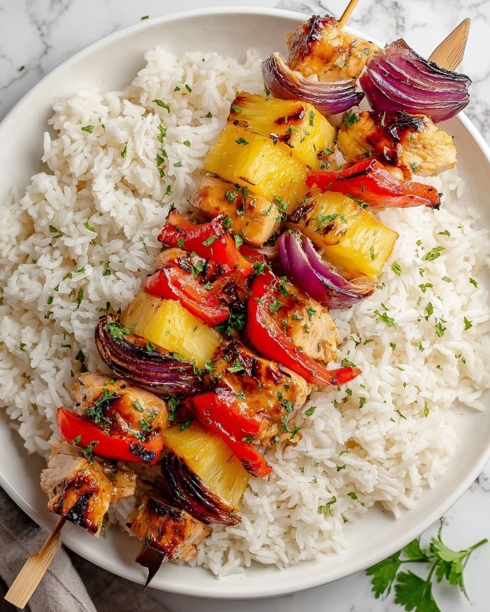 Three wooden skewers lie on a bed of white rice in a white round bowl placed on a white marbled surface. Each skewer has four layers arranged in a repeating pattern from bottom to top: golden yellow pineapple chunks with a slightly glazed look and charred edges, shiny red bell pepper pieces with a grilled texture, beige chicken pieces with a light brown sear, and purple-red onion chunks with a soft, slightly translucent look and some char marks. The bright colors of the ingredients contrast with the plain, fluffy white rice filling the bowl. Photo taken with an iphone --ar 4:5 --v 7