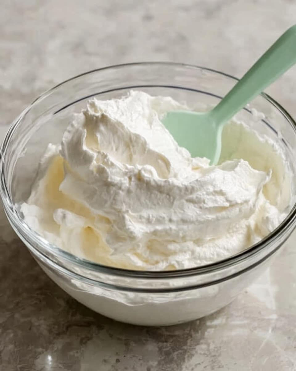 A clear glass bowl is filled with fluffy white whipped cream that looks thick and airy. A pale green spatula is partially inside the bowl, lifting a soft mound of the whipped cream. The bowl sits on a white marbled surface, which contrasts with the creamy texture inside the bowl. The whipped cream has a smooth, cloud-like appearance with some gentle peaks. Photo taken with an iphone --ar 4:5 --v 7
