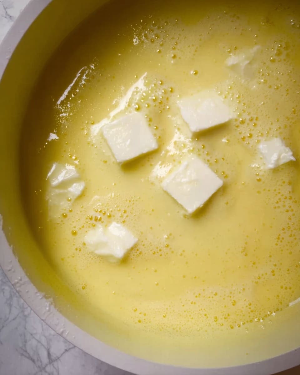 A close-up view of a white pot filled with a creamy, thick yellow liquid. On the surface, several small white rectangular pieces of a soft texture float, slightly melting into the liquid. The background shows a white marbled texture faintly visible around the pot's edges. The overall look is smooth with some small bubbles scattered on the liquid's surface, giving a fresh and warm feeling. Photo taken with an iphone --ar 4:5 --v 7