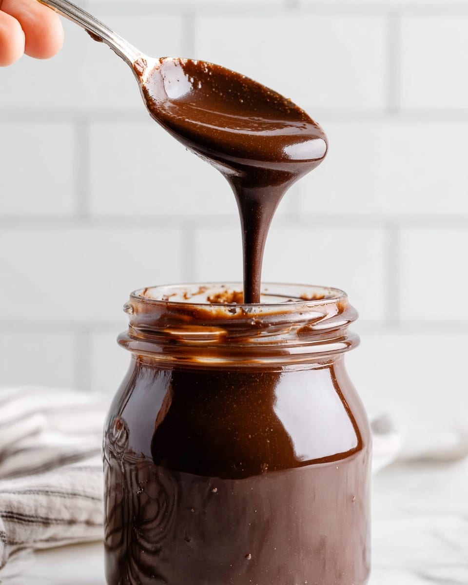 A close-up image of a clear glass jar filled with thick, dark brown chocolate sauce that is glossy and smooth. A silver spoon is held above the jar by a woman's hand, with the sauce dripping slowly from the spoon back into the jar. The jar has some sauce smeared on the outside near the rim. The background is a white marbled surface with white subway tiles behind it. Photo taken with an iphone --ar 4:5 --v 7