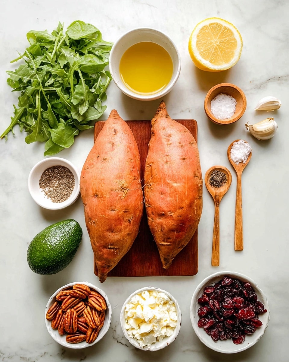 The image shows two large sweet potatoes placed side by side on a small wooden board in the center of a white marbled surface. Above them, there is a small white bowl filled with a golden liquid and a half lemon next to it. To the right of the sweet potatoes, three wooden spoons hold a small amount of mustard, salt, and black pepper, with a garlic clove next to them on the surface. On the left side, a bunch of fresh green leafy arugula is next to a whole dark green avocado. Along the bottom, three white bowls display toasted pecans, white crumbled cheese, and dried dark red cranberries from left to right. The arrangement is neat and vibrant, with clear textures and colors photo taken with an iphone --ar 4:5 --v 7