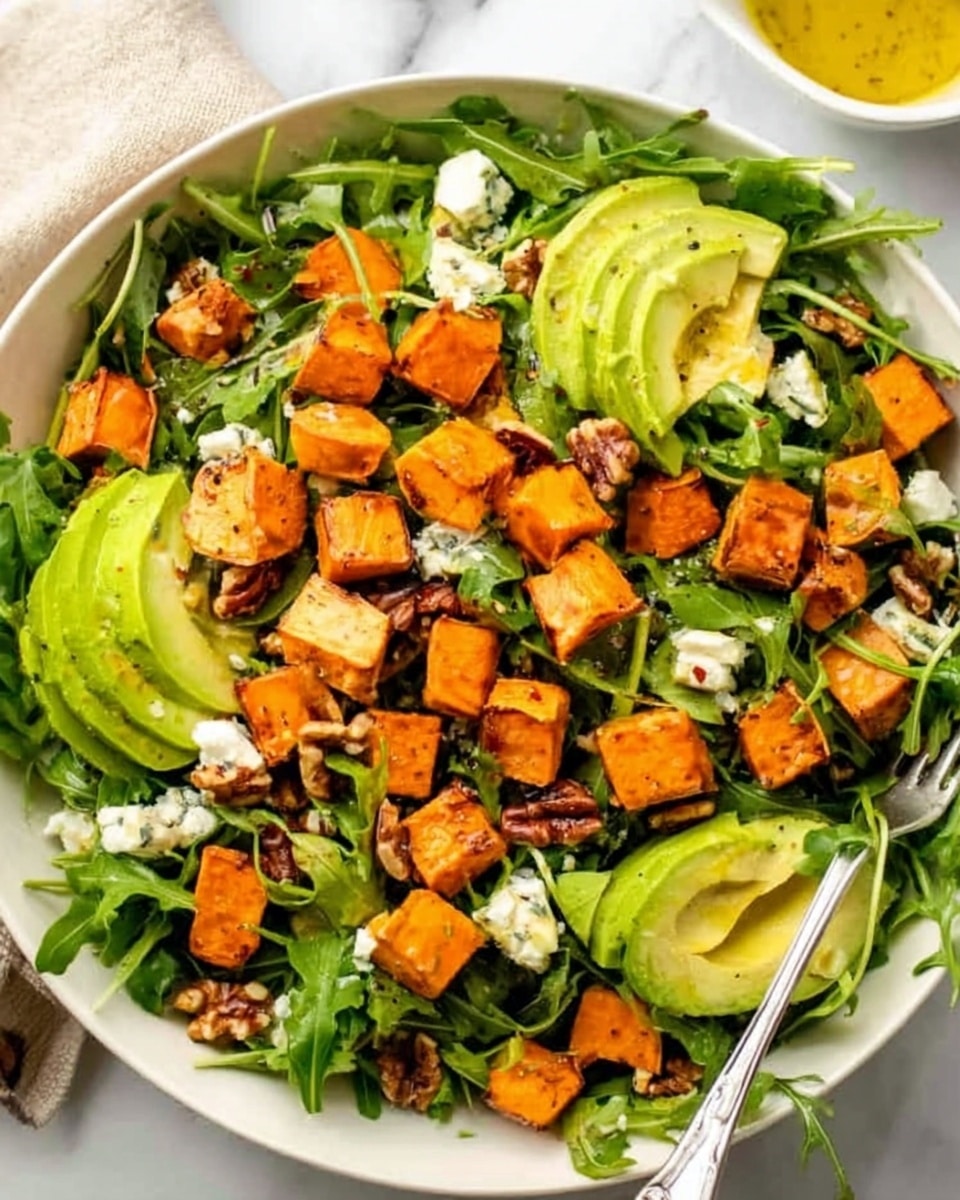 A large white bowl filled with a fresh salad on a white marbled surface, layered with dark green leafy arugula at the base. On top are many light orange roasted sweet potato cubes, evenly spread out. Slices of pale green avocado are placed around, along with small crumbles of white soft goat cheese scattered throughout. There are also small brown chopped walnuts sprinkled on the salad. A silver fork with a woman's hand holding it is on the left side of the bowl. The background shows a small white bowl of golden dressing to the top right. Photo taken with an iphone --ar 4:5 --v 7