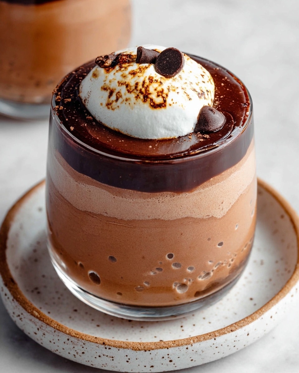 The image shows a glass filled with three visible layers of creamy dessert: the bottom and middle layers are smooth light brown chocolate mousse with small air bubbles, and the top layer is dark glossy chocolate ganache forming a thin ring near the rim. On top of the ganache, there is a dollop of white whipped cream, slightly browned with a toasted look, and a small dark chocolate chip placed in the center. The glass sits on a white plate with subtle brown speckles, all placed on a white marbled surface. Photo taken with an iphone --ar 4:5 --v 7