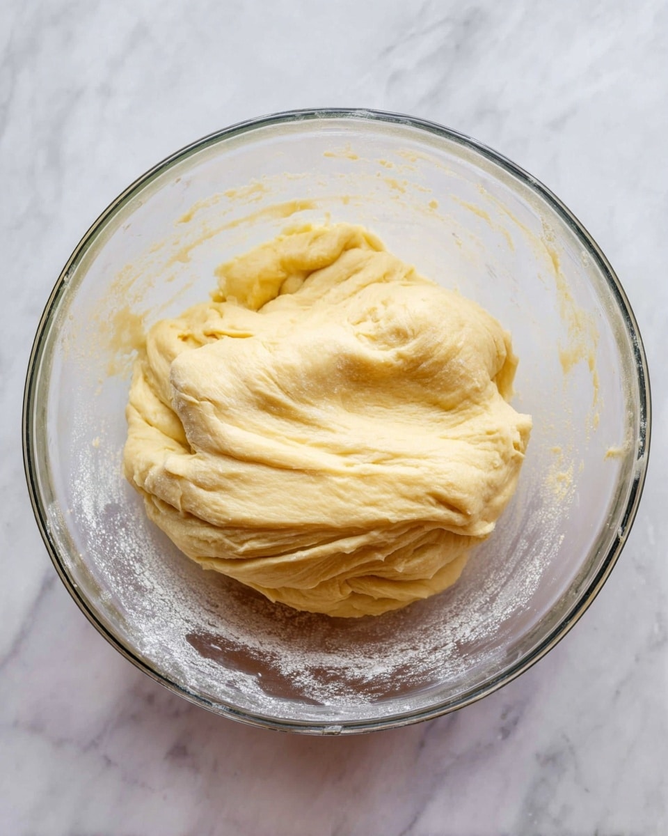 A clear glass bowl holds a soft, pale yellow dough with a smooth and slightly sticky texture. The dough is folded inward, showing a silky, stretched surface with a few light flour patches around the edges inside the bowl. The bowl sits on a white marbled surface, giving a clean and bright look to the scene. photo taken with an iphone --ar 4:5 --v 7