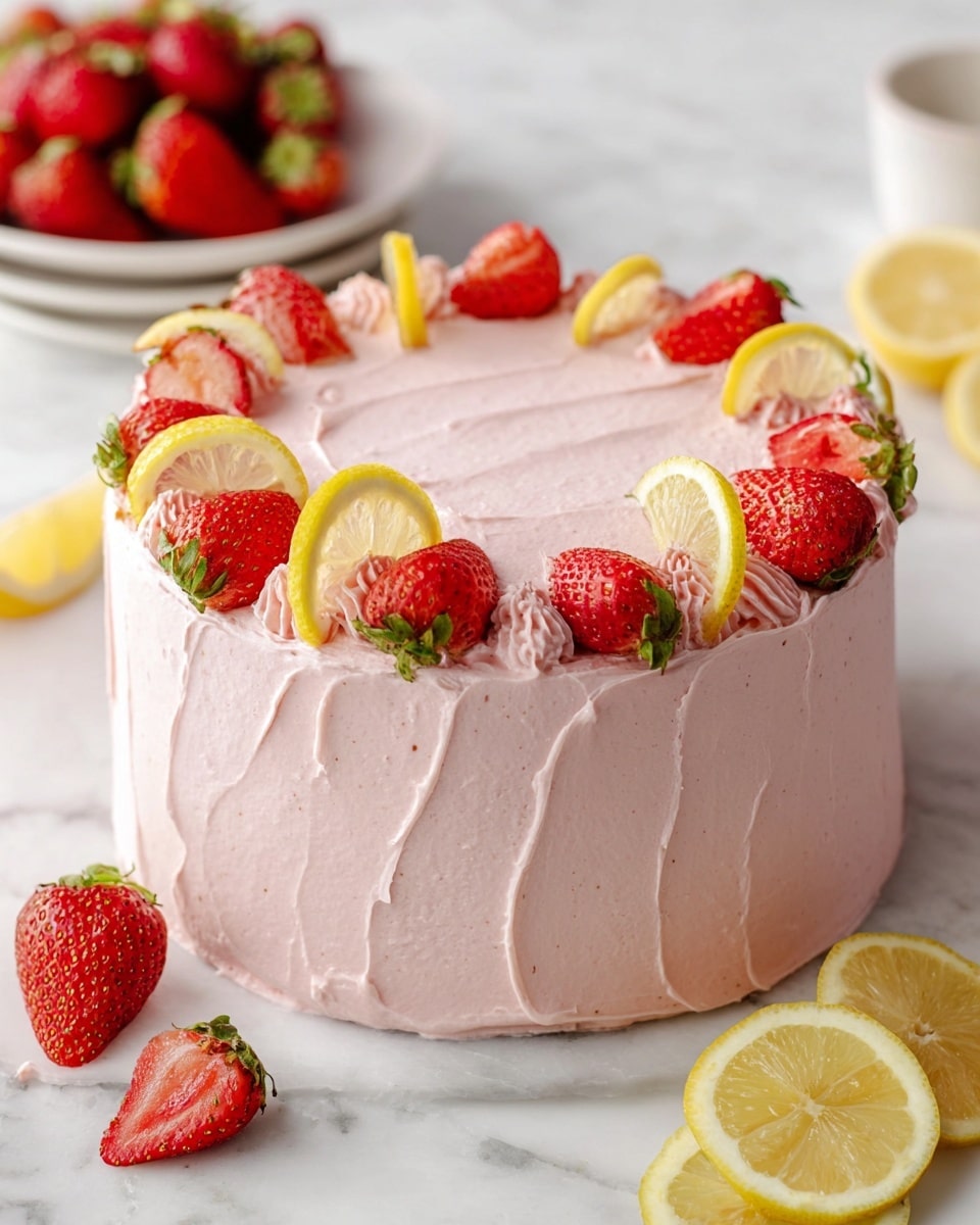 A round cake with smooth, light pink frosting covers the entire surface, showing gentle swirls that add soft texture. On top, there is a single layer of decoration made from alternating halves of bright red strawberries with green tops and thin yellow lemon slices, arranged in a ring close to the edge. The cake sits on a white marbled surface, with some extra strawberry halves and lemon slices scattered around. In the background, a white plate holds a pile of whole strawberries. The scene is bright and clean, focusing on the fresh colors of the fruit and the pastel pink of the cake. Photo taken with an iphone --ar 4:5 --v 7