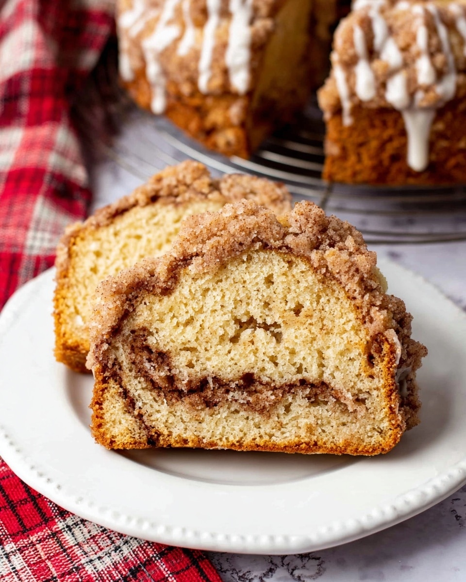 The image shows two thick slices of cinnamon crumb cake placed on a white plate with a scalloped edge. The cake has a golden brown, crumbly top layer with a light dusting of white icing. Inside, the cake is light beige with a visible dark brown cinnamon swirl running horizontally through the middle. In the background, there are more whole cinnamon crumb cakes with the same crumbly top and white icing drizzled over them, resting on a wire rack. A red and white checkered cloth is partially visible on the left side, with the setting on a white marbled texture surface. Photo taken with an iphone --ar 4:5 --v 7
