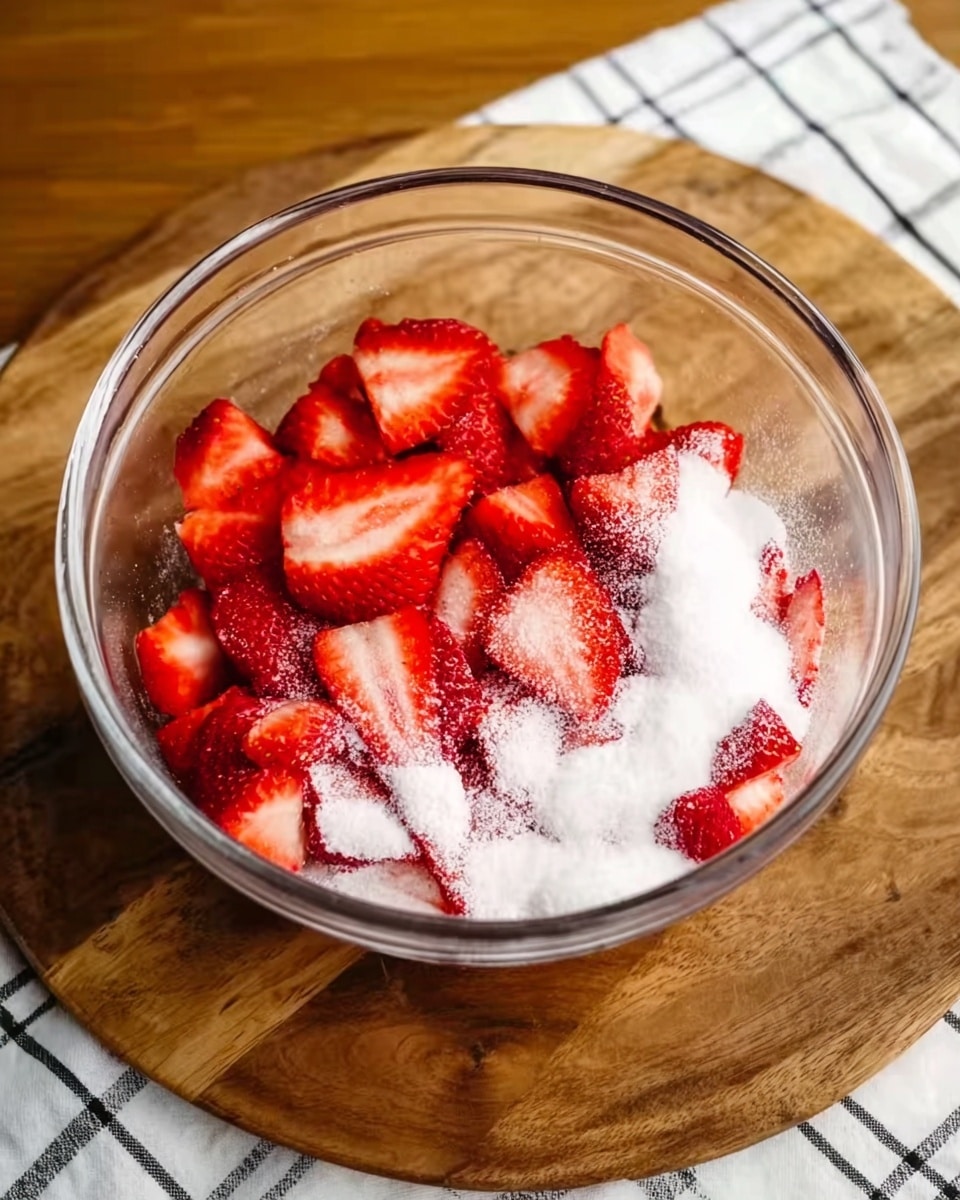 A clear glass bowl sits on a wooden board with a checkered cloth underneath, filled with sliced bright red strawberries layered at the bottom, topped with a generous layer of white sugar sprinkled evenly over the fruit. The strawberries show a mix of full and sliced pieces, creating a textured look with their shiny red surfaces. The white sugar contrasts sharply against the strawberries, making both layers clearly visible. photo taken with an iphone --ar 4:5 --v 7