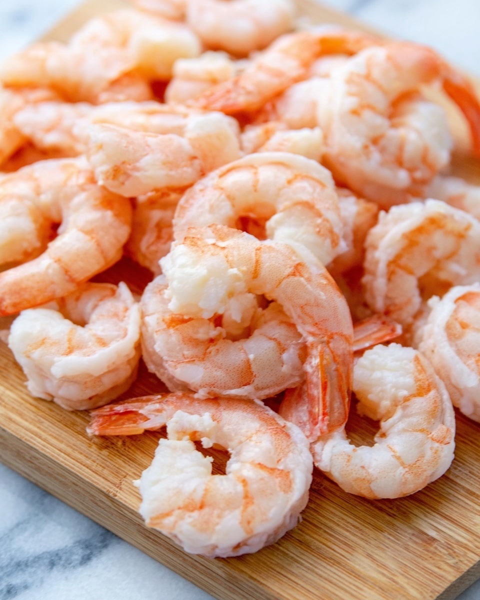 The image shows many cooked shrimp placed on a wooden board. Each shrimp is pink with white parts, and they are arranged close together, covering the surface. The texture of the shrimp looks slightly smooth with some natural curves. They have no shells, and their tails are curled inward. The wooden board underneath them is light brown with soft grain lines. The background has a white marbled texture. Photo taken with an iphone --ar 4:5 --v 7